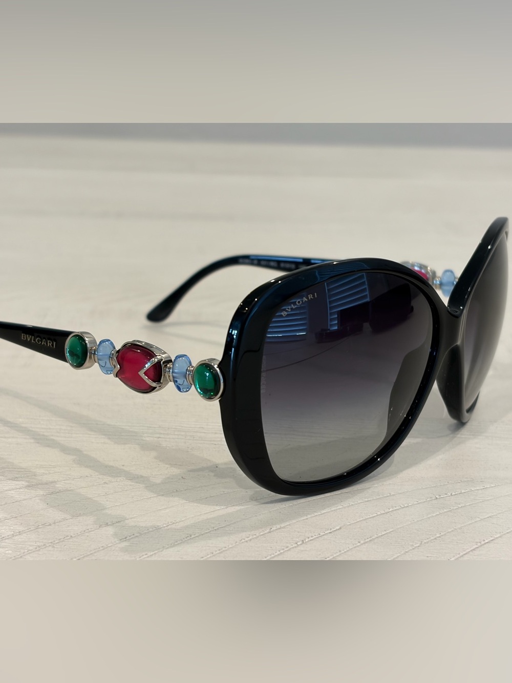 Bulgari Black Sunglasses with Red, Green and Blue Gem Accents